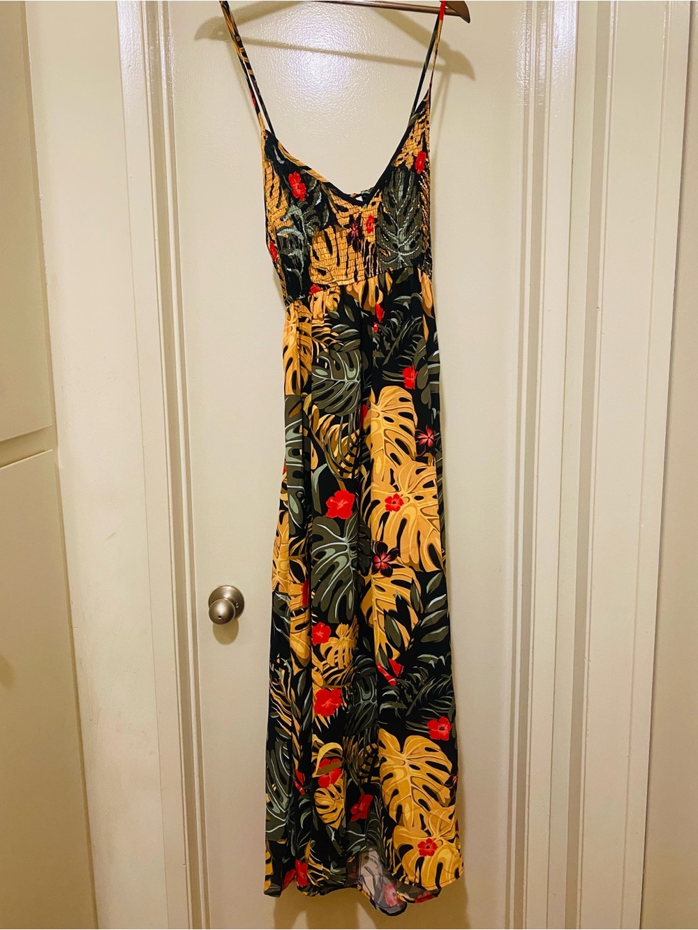 Tropical Leaf Maxi Dress with Red Floral Accents
